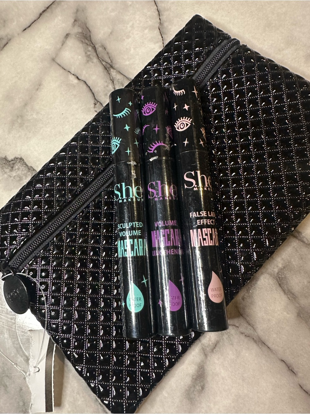 S.he Waterproof Mascara Trio - Black with black make up bag